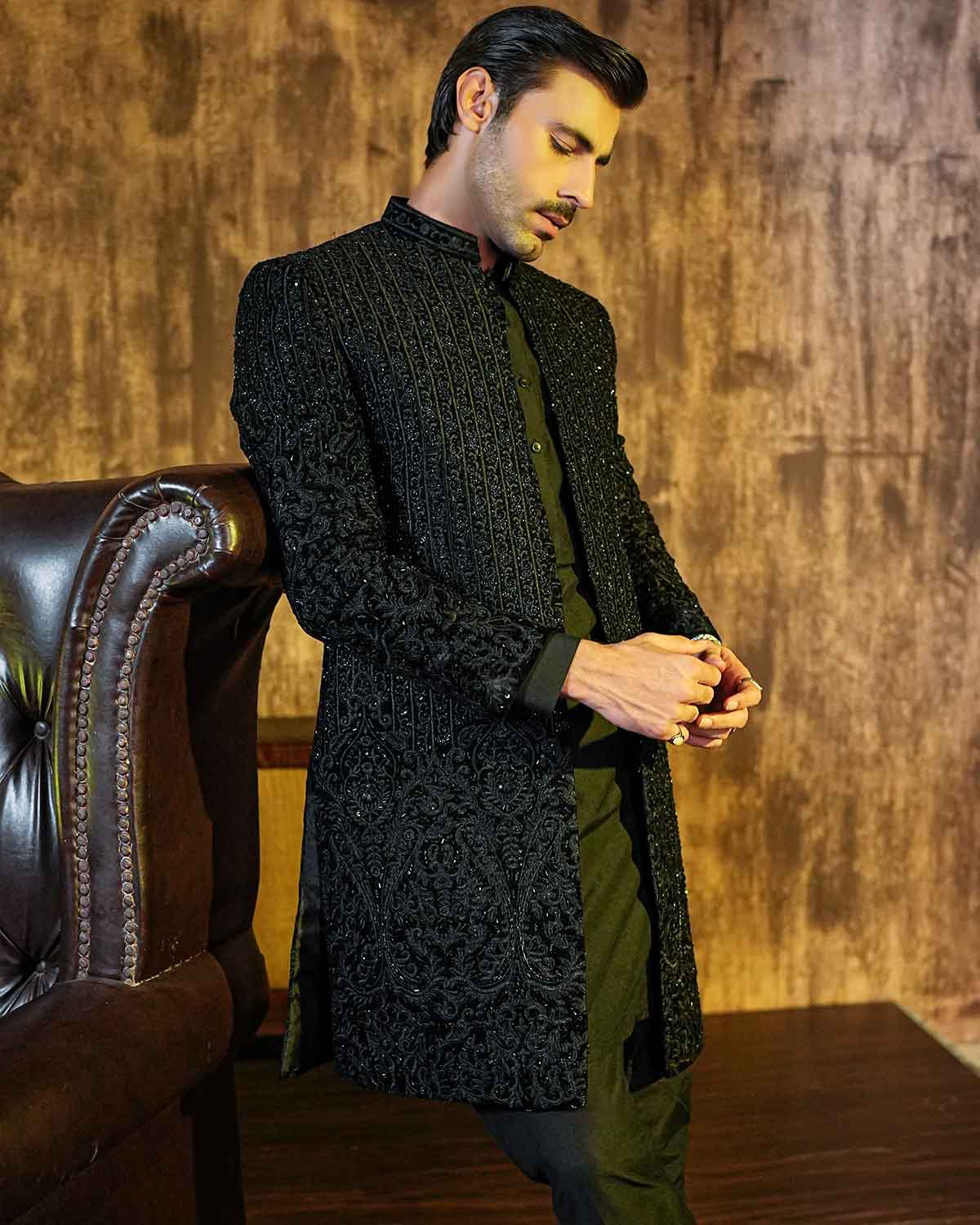 VELVET MACHINE EMBROIDERY AND HAND WORK SHERWANI