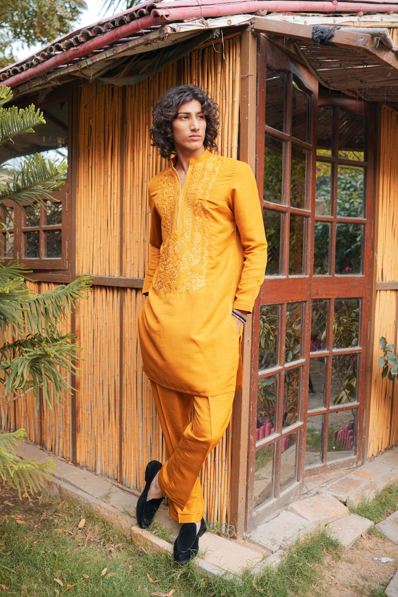 Yellow Neck Embroidered Kurta Pajama