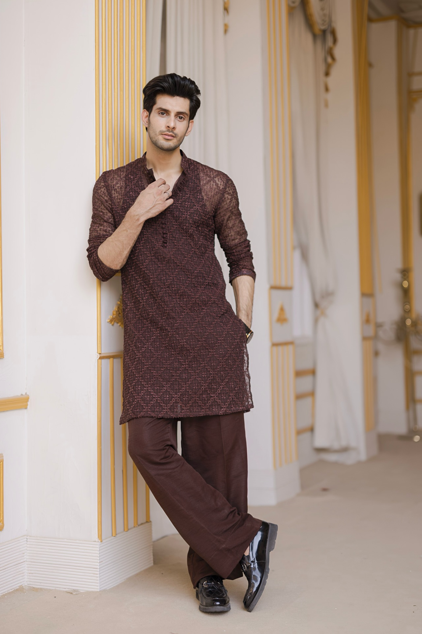 Brown Embroidered Kurta Pajama