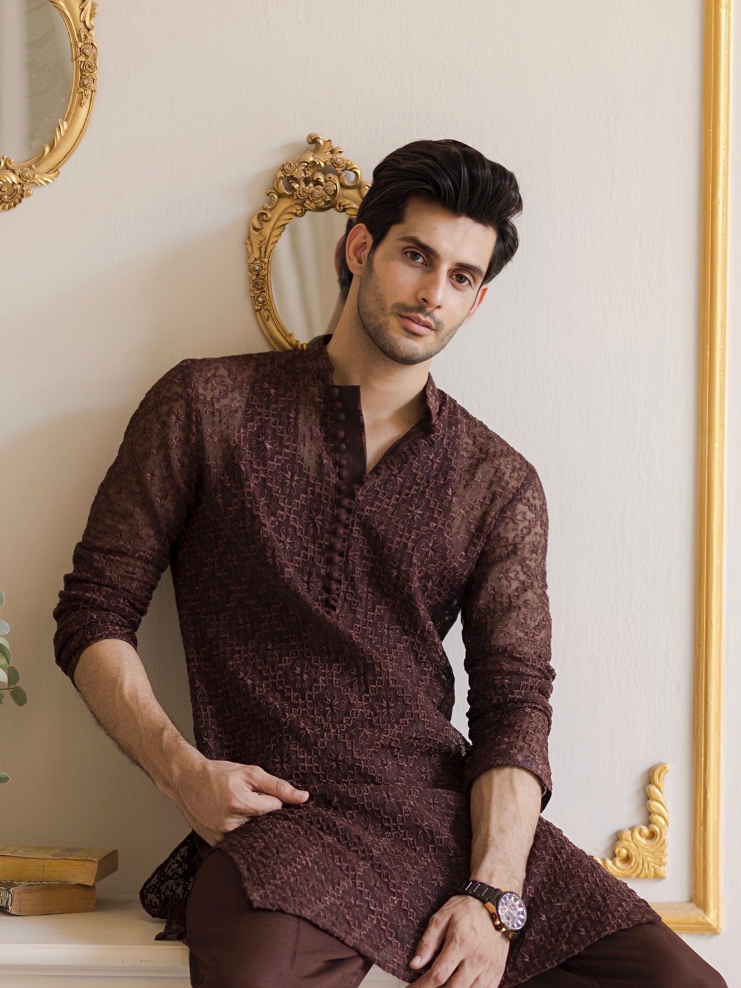 Brown Embroidered Kurta Pajama
