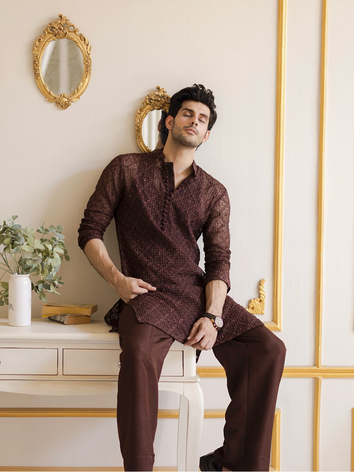 Brown Embroidered Kurta Pajama