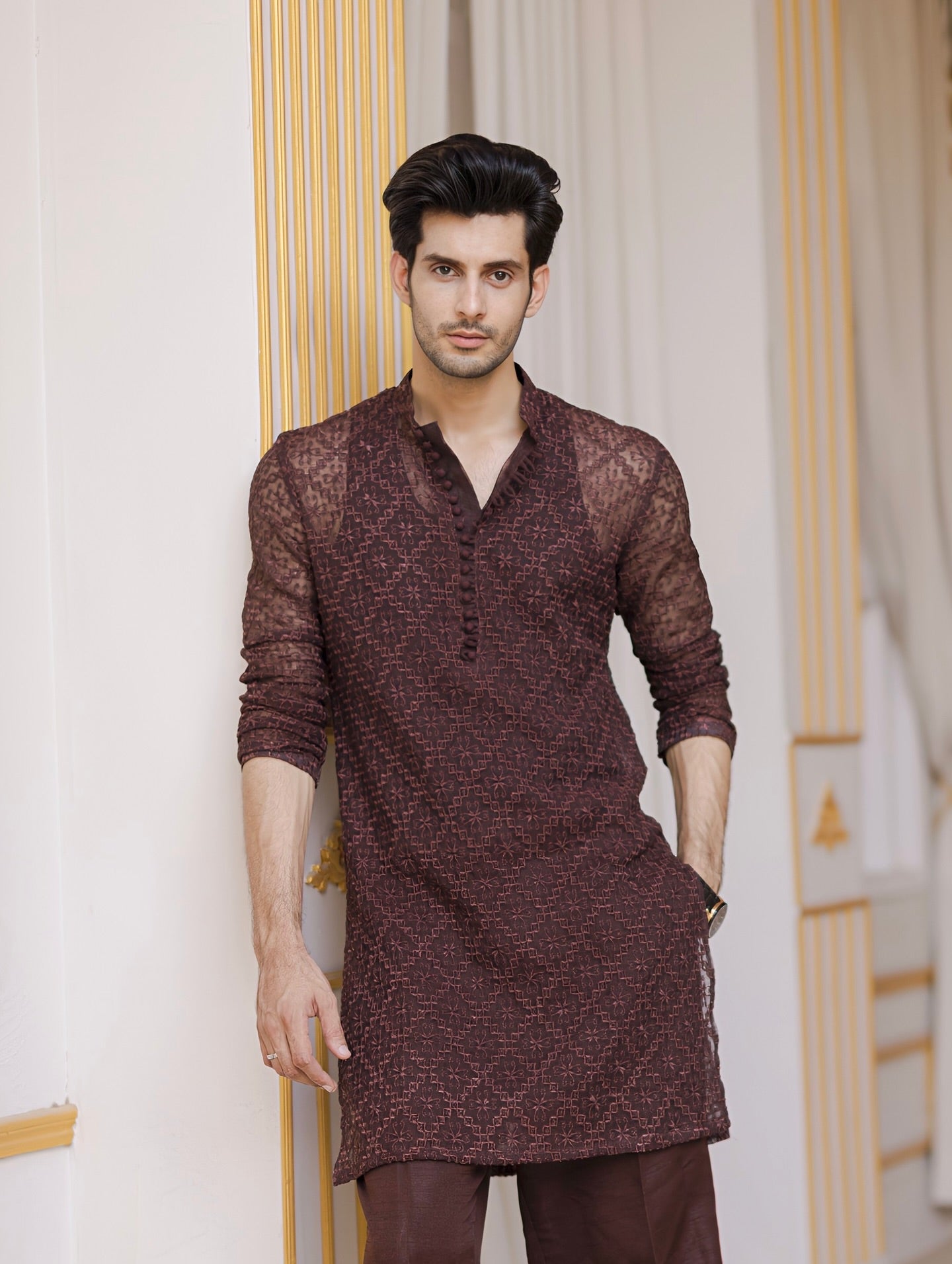 Brown Embroidered Kurta Pajama