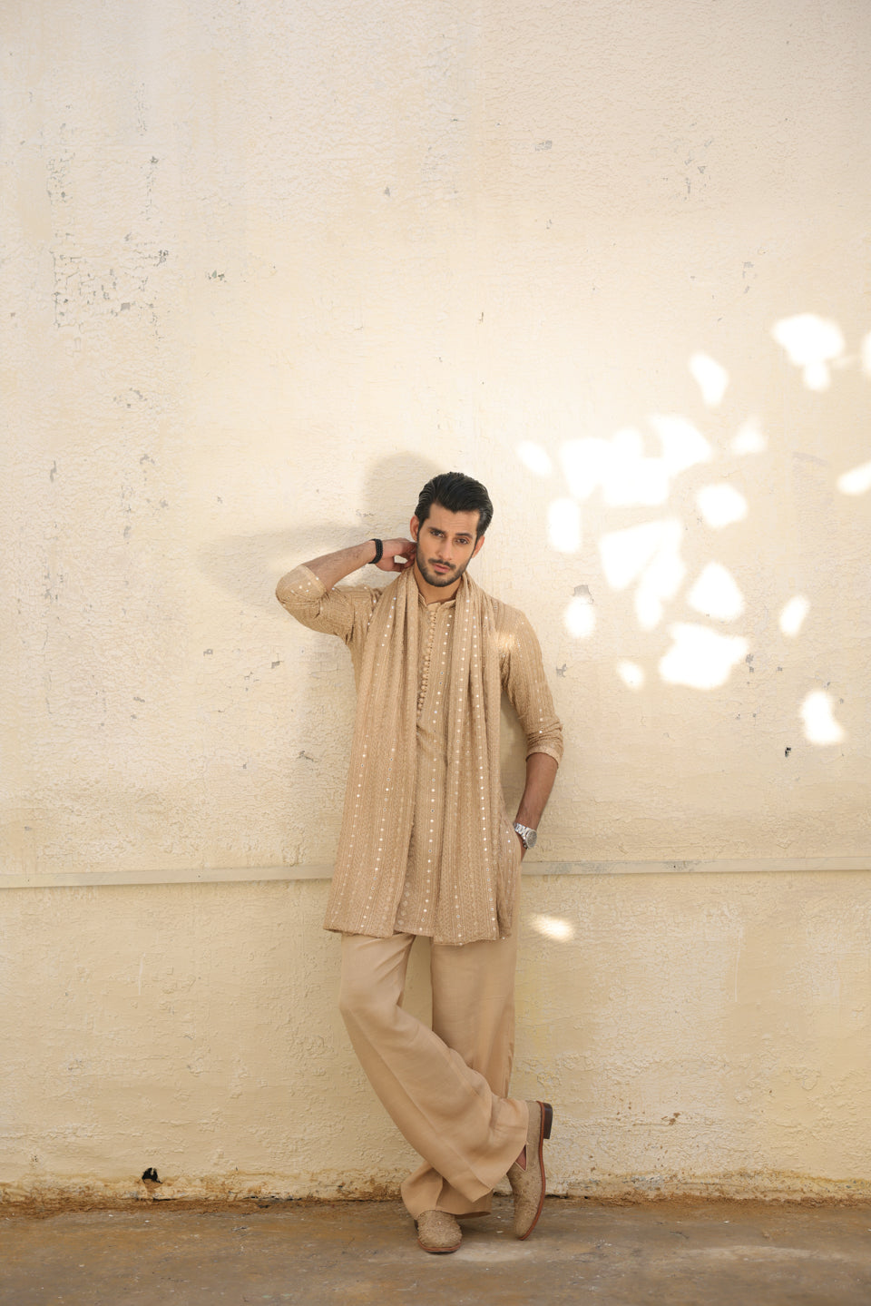 Beige Kurta Pajama with Shawl