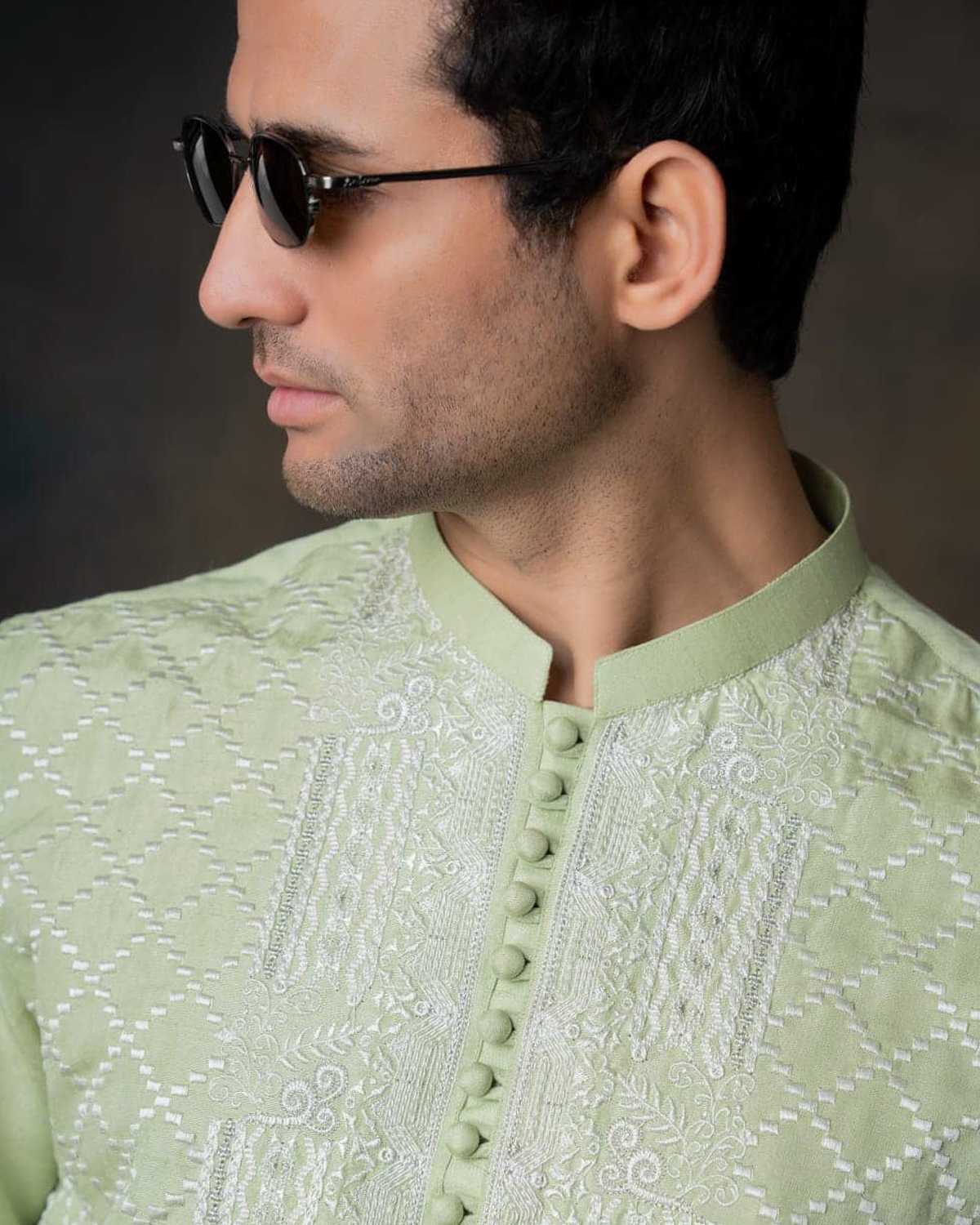 Mint Green Embroidered Kurta Pajama by Crocfit Bespoke, Karachi