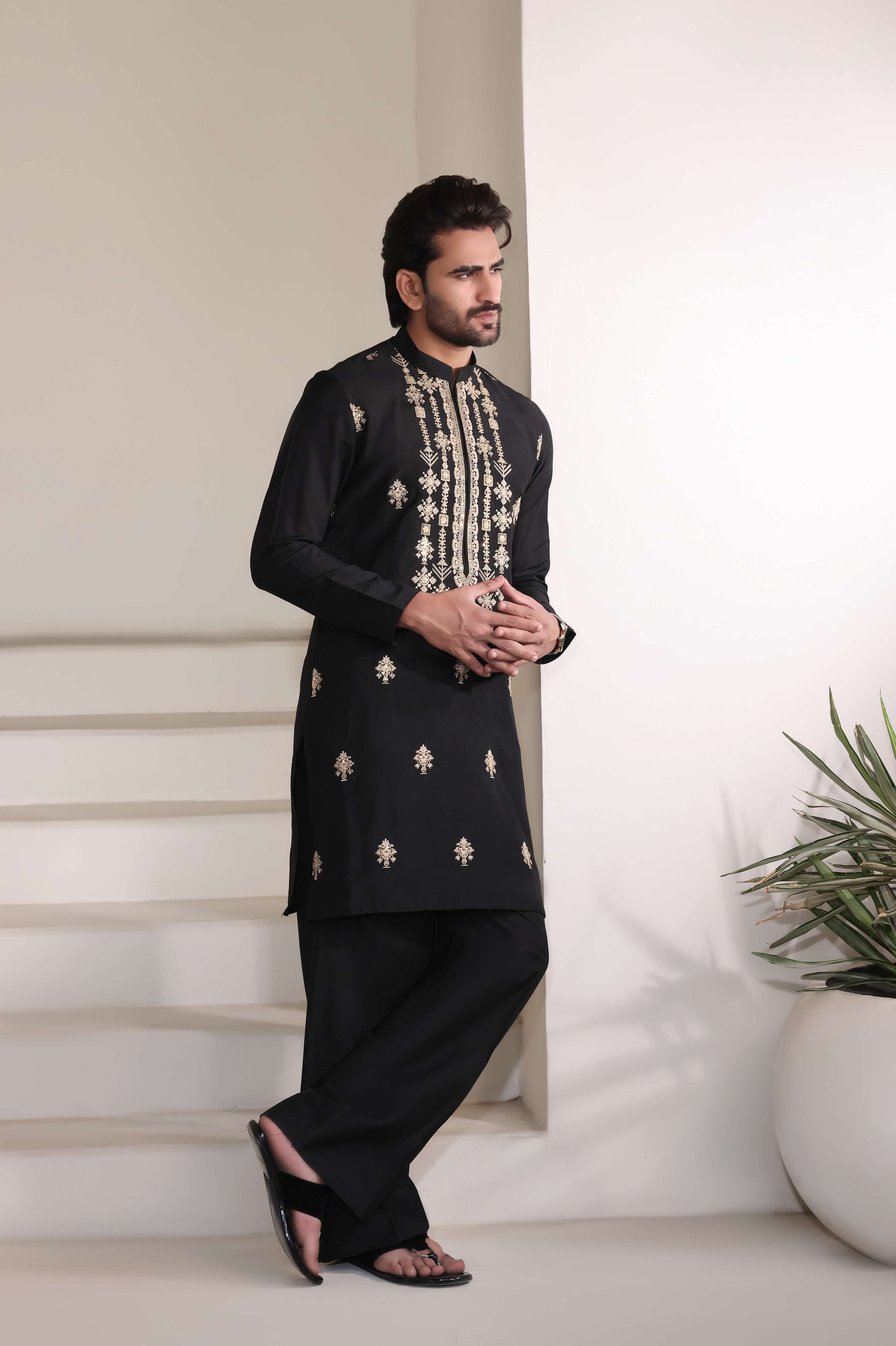 Black Beige Embroidered Farshi Trouser