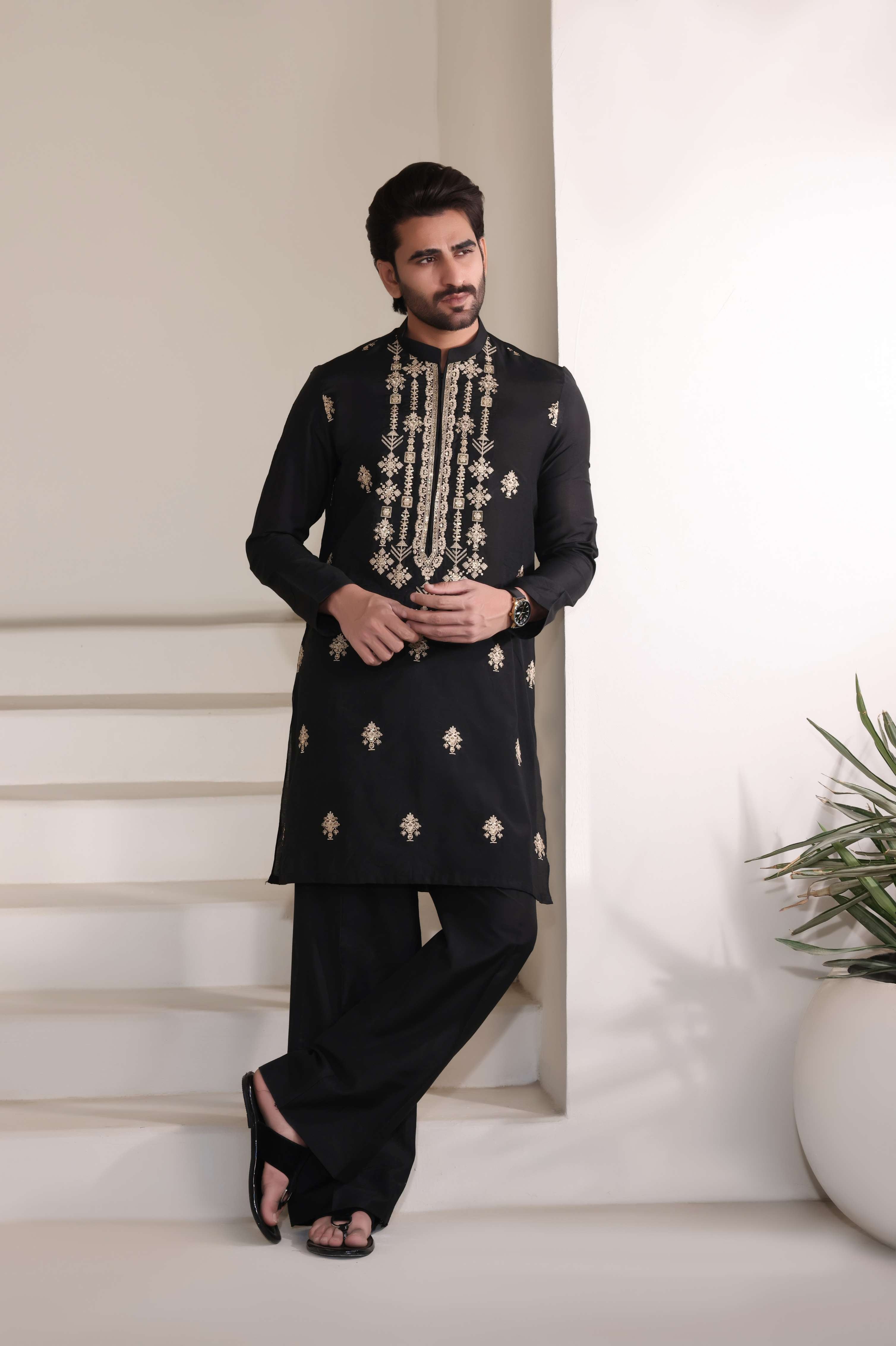 Black Beige Embroidered Farshi Trouser