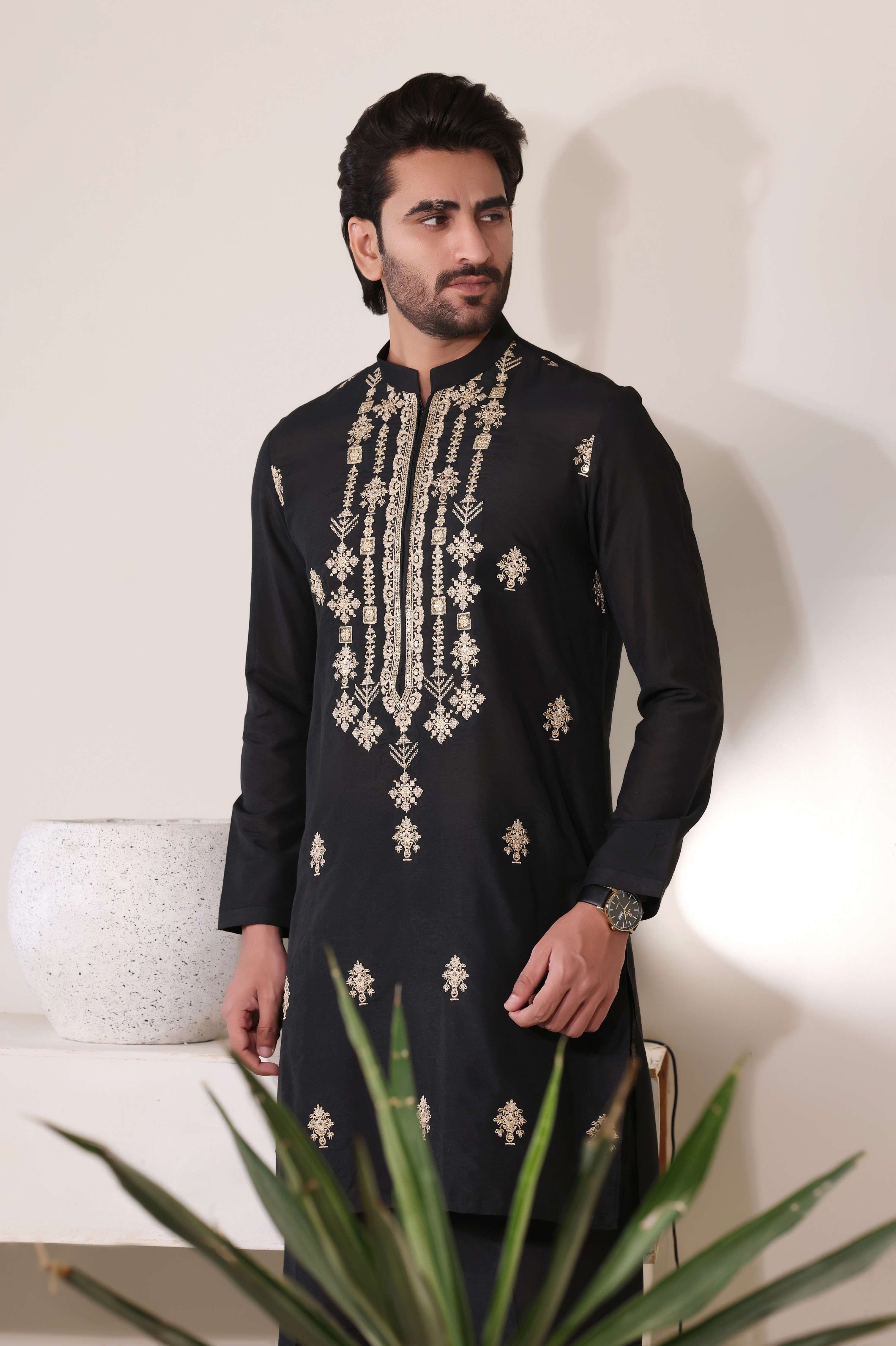 Black Beige Embroidered Farshi Trouser