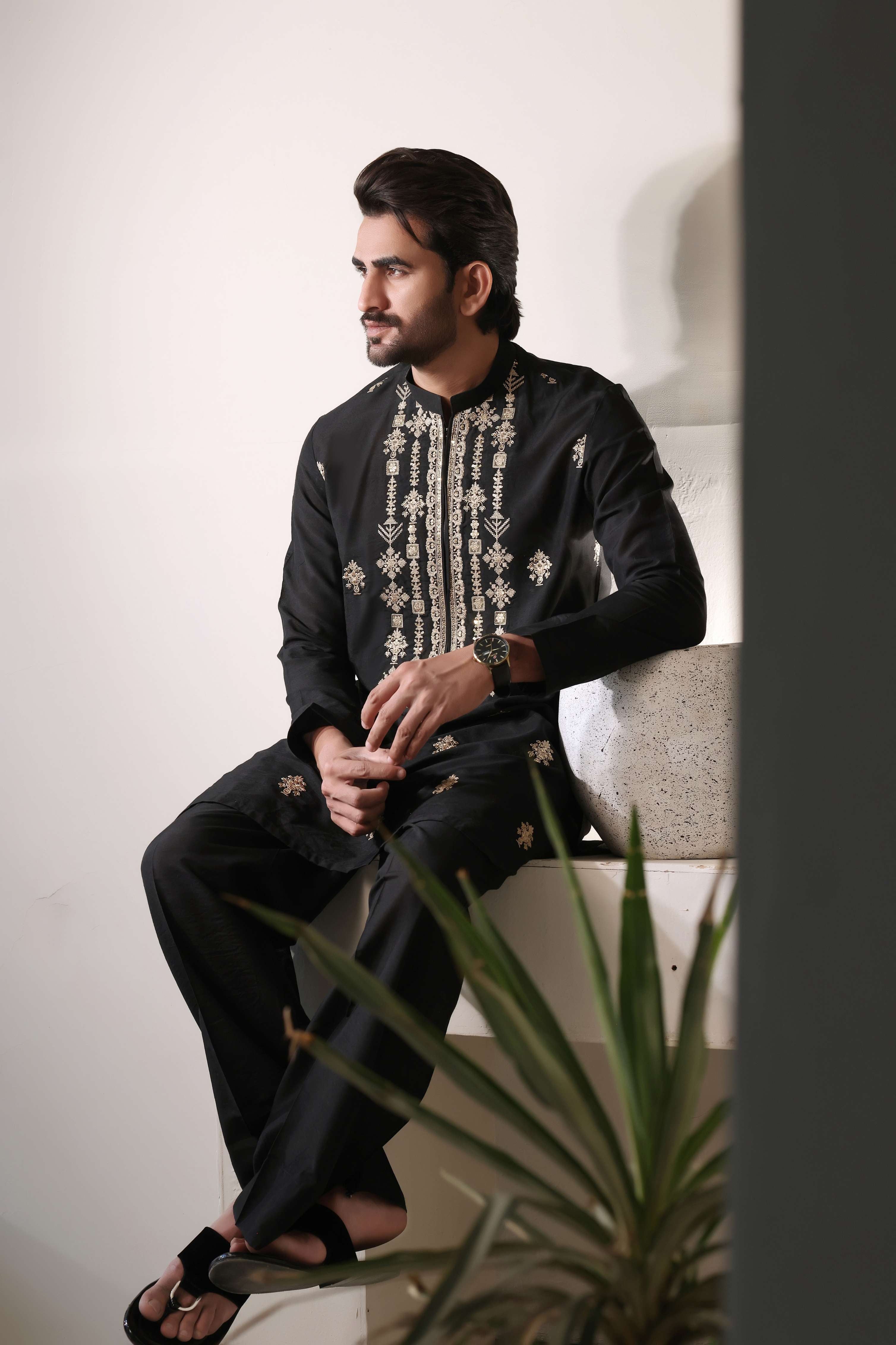Black Beige Embroidered Farshi Trouser