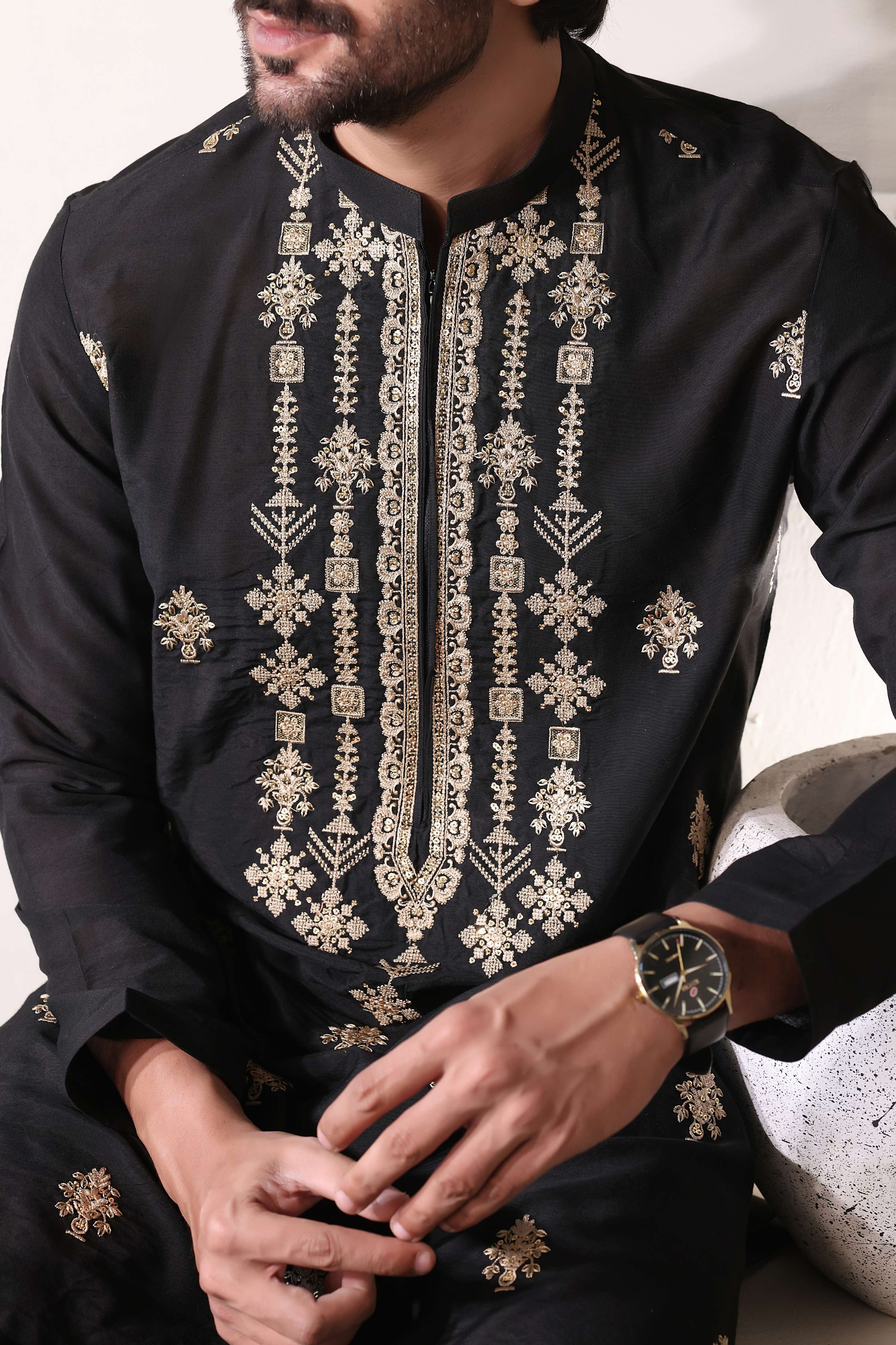 Black Beige Embroidered Farshi Trouser
