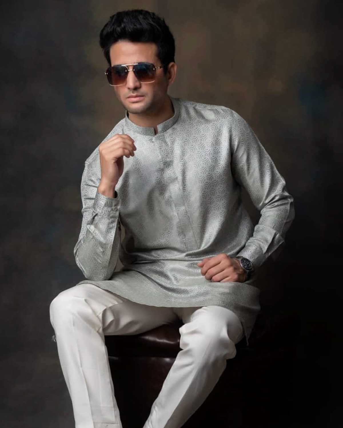 Pastel Gray Pure Banarasi Kurta Pajama by Crocfit Bespoke, Karachi
