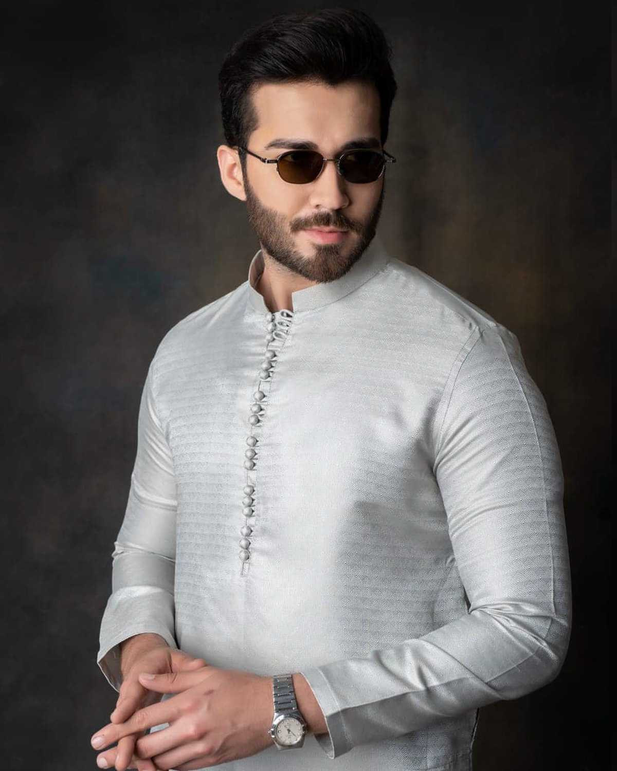 Ash Gray Pure Banarasi Kurta Pajama by Crocfit Bespoke, Karachi