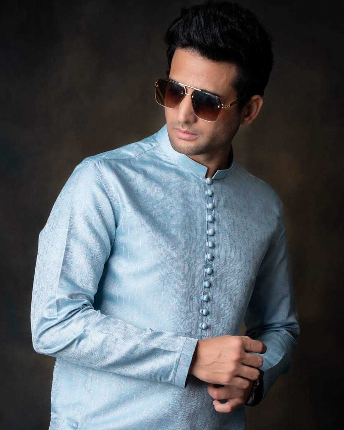 Sky Blue Pure Banarasi Kurta Pajama by Crocfit Bespoke, Karachi