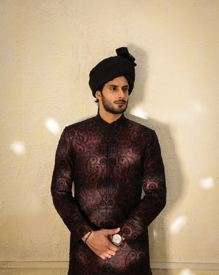 Maroon & Black Embroidered Sherwani with Classic Turban