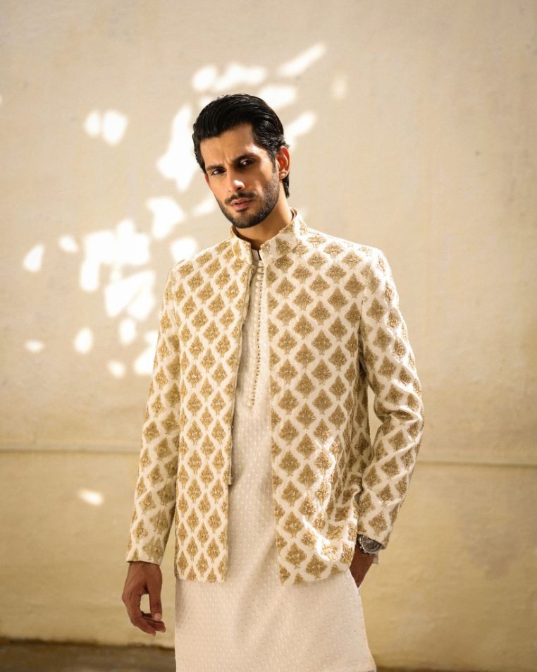 Royal Ivory Gold Embroidered Prince Coat by Crocfit Bespoke, Karachi
