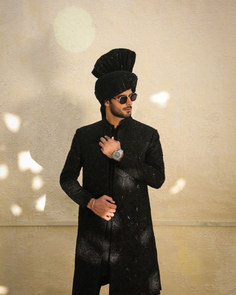 Black Embellished Sherwani with Regal Turban