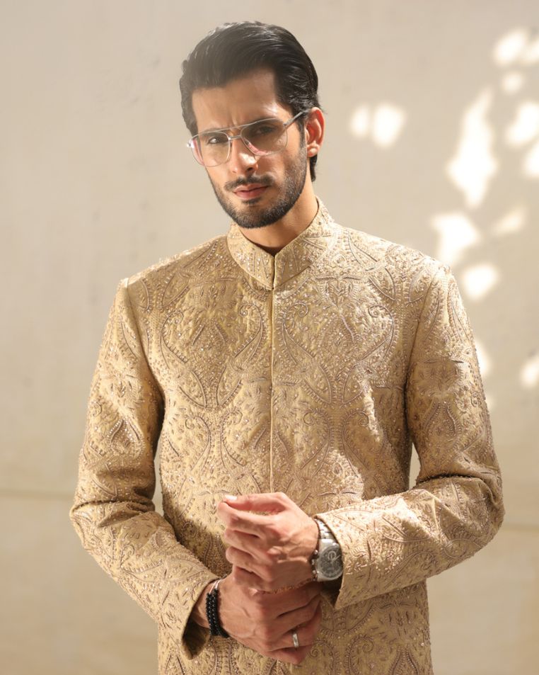 Majestic Beige Sherwani by Crocfit Bespoke, Karachi