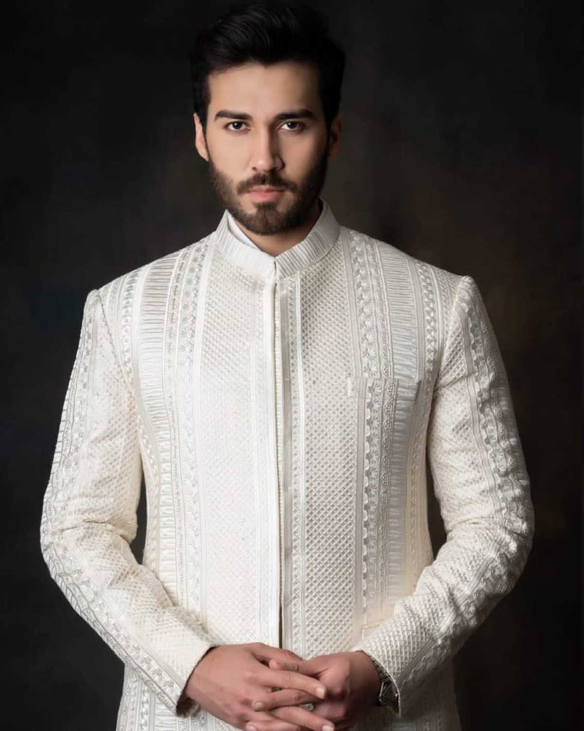 White Embroidered Prince Coat by Crocfit Bespoke, Karachi