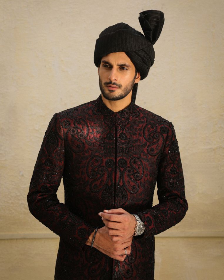 Maroon & Black Embroidered Sherwani with Classic Turban by Crocfit Bespoke, Karachi
