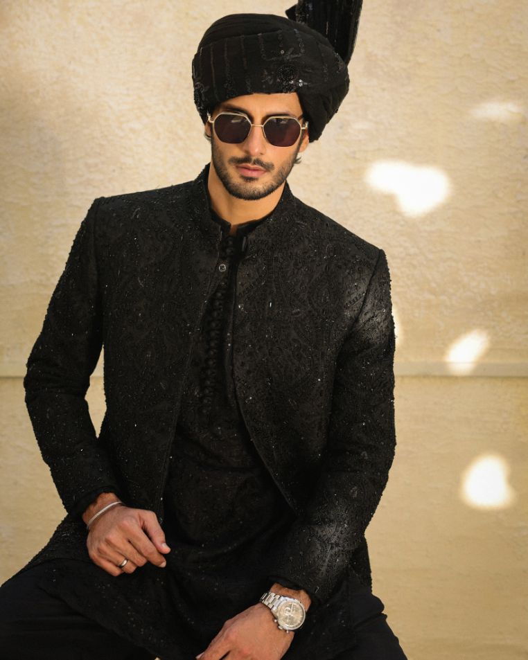 Black Embellished Sherwani with Regal Turban