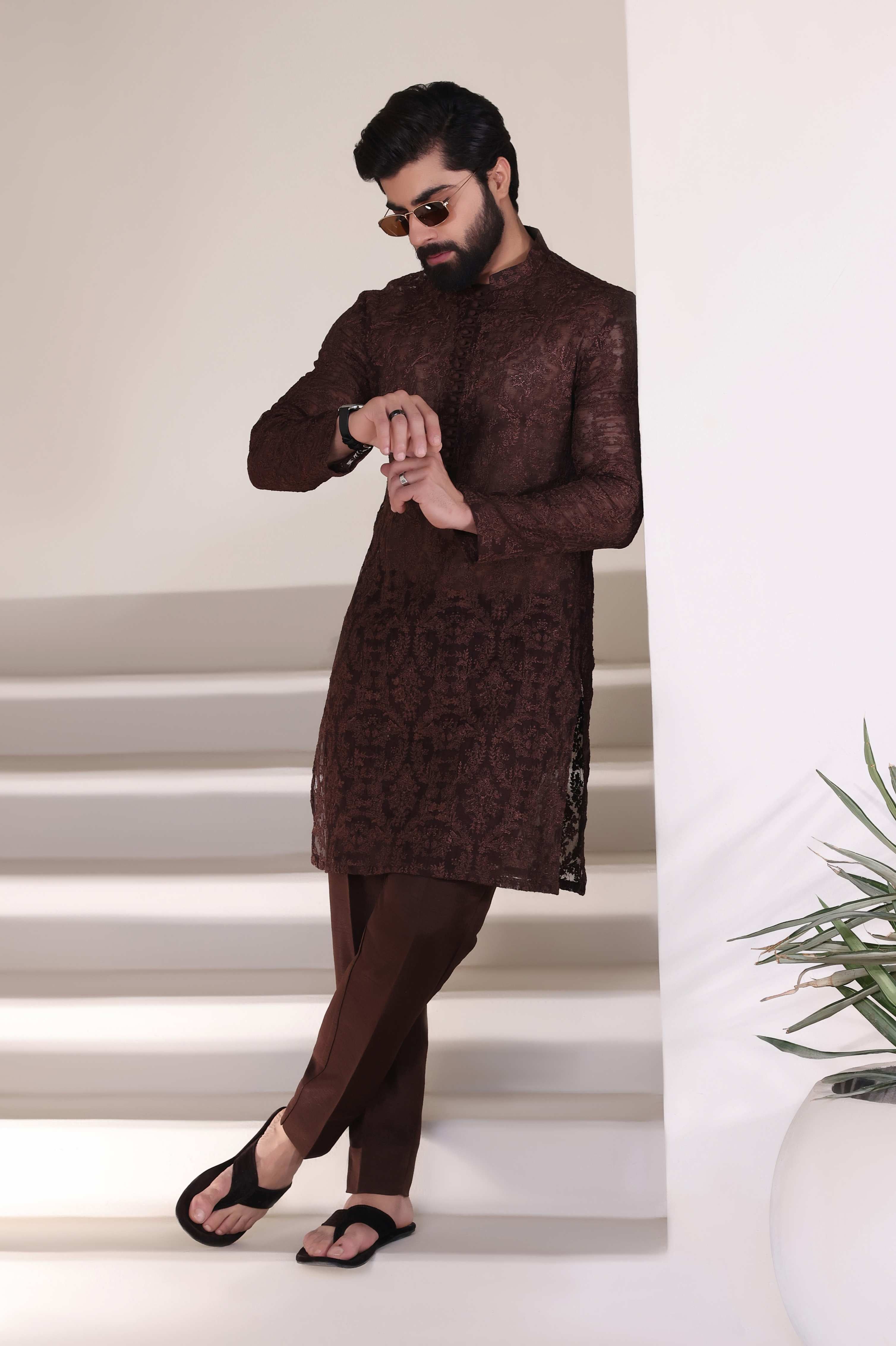 Brown Embroidered Kurta Pajama