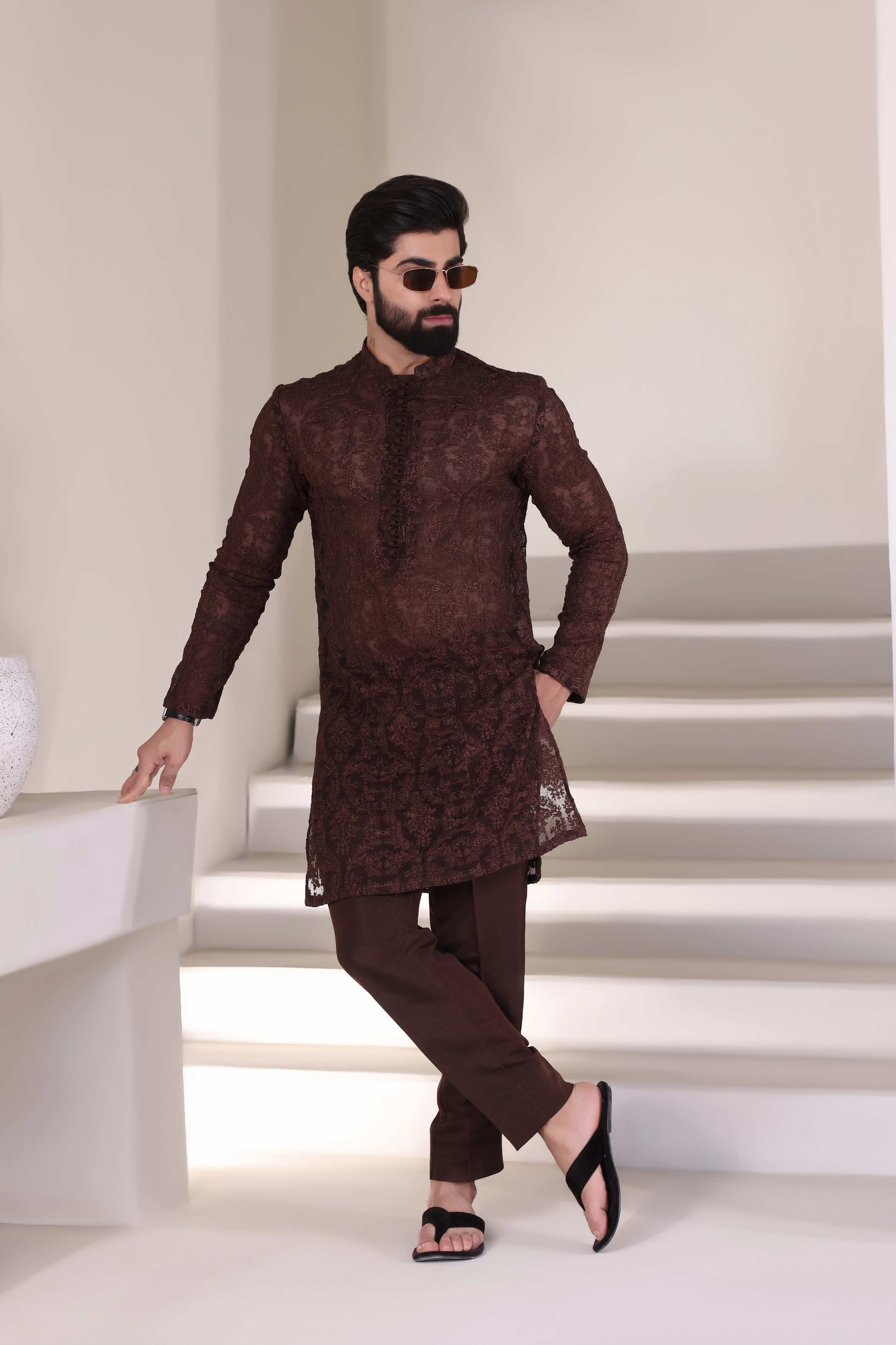 Brown Embroidered Kurta Pajama