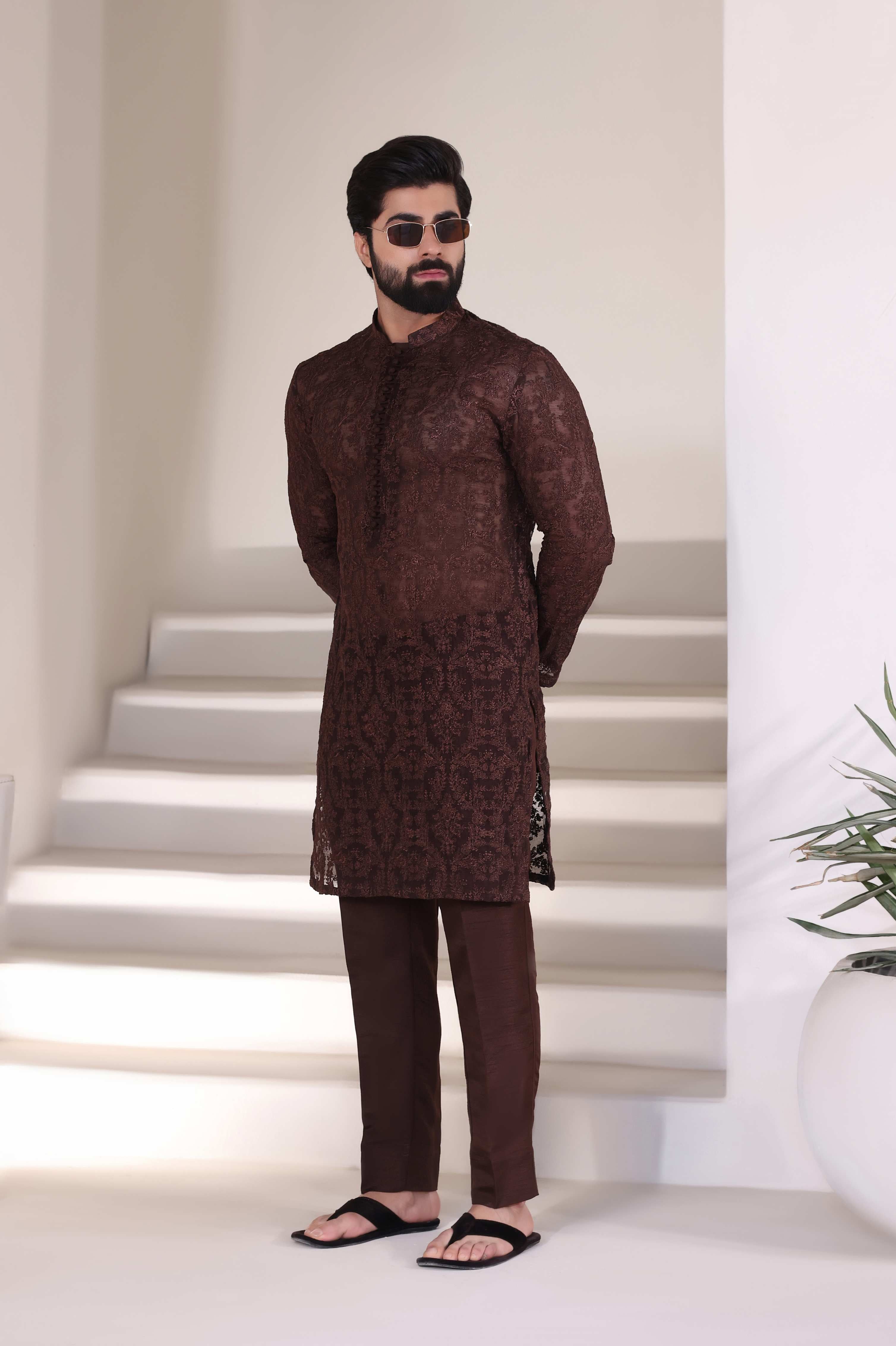 Brown Embroidered Kurta Pajama
