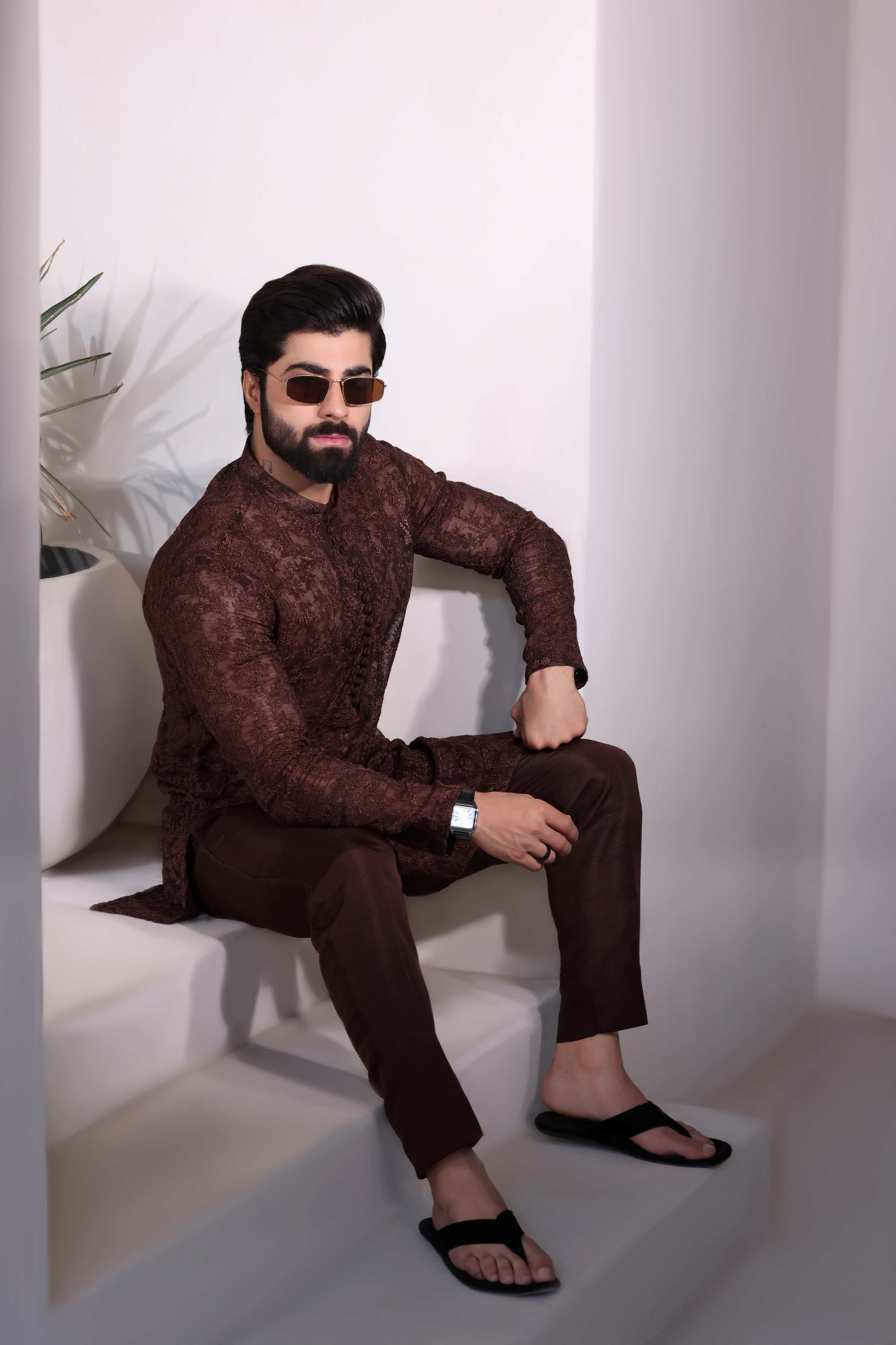 Brown Embroidered Kurta Pajama