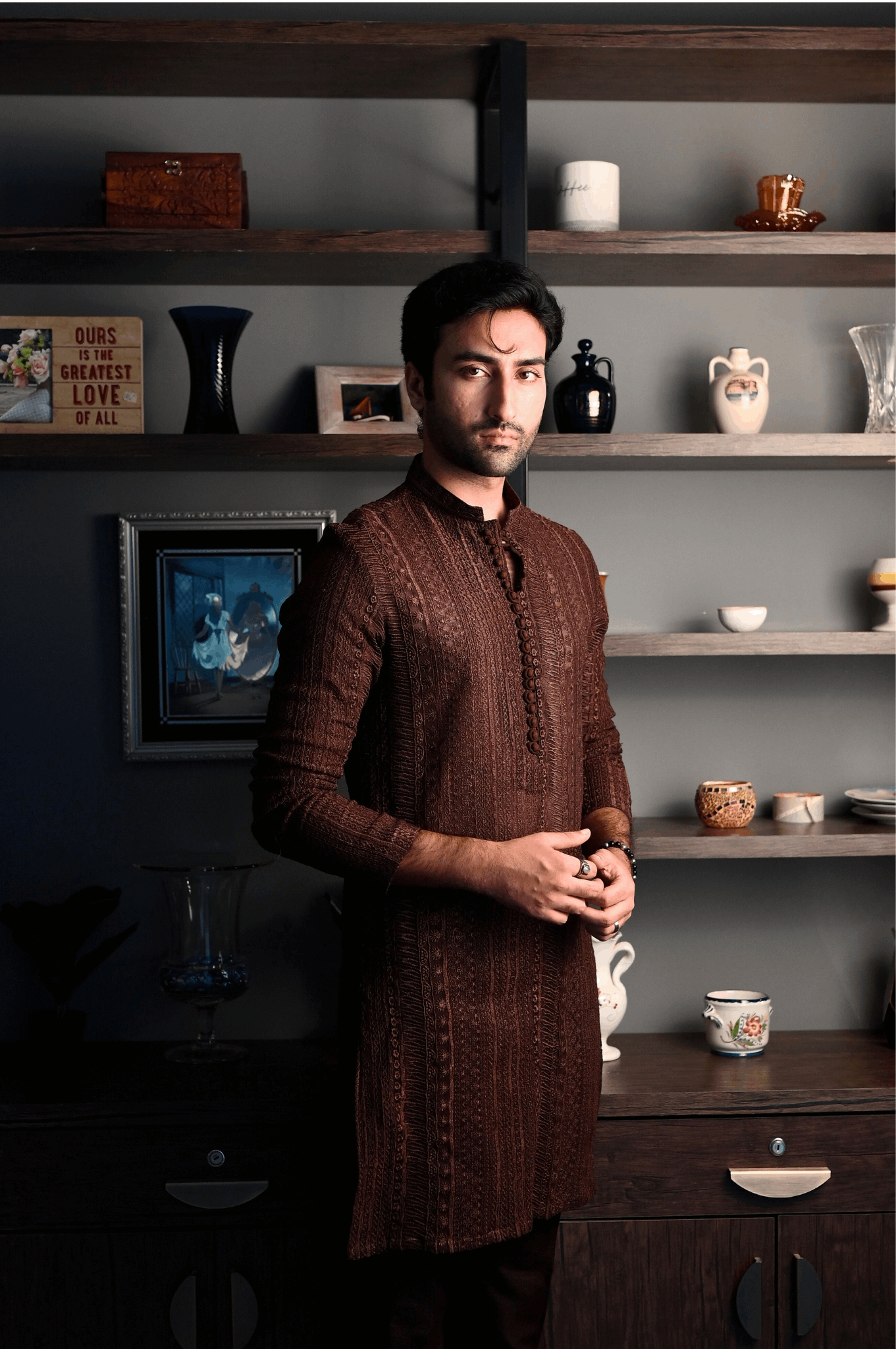 Deep Brown Fully Embroidered Kurta Pajama