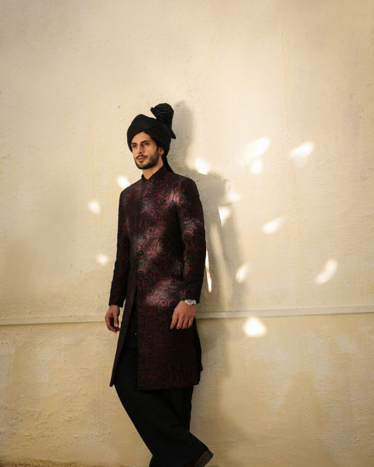 Maroon & Black Embroidered Sherwani with Classic Turban