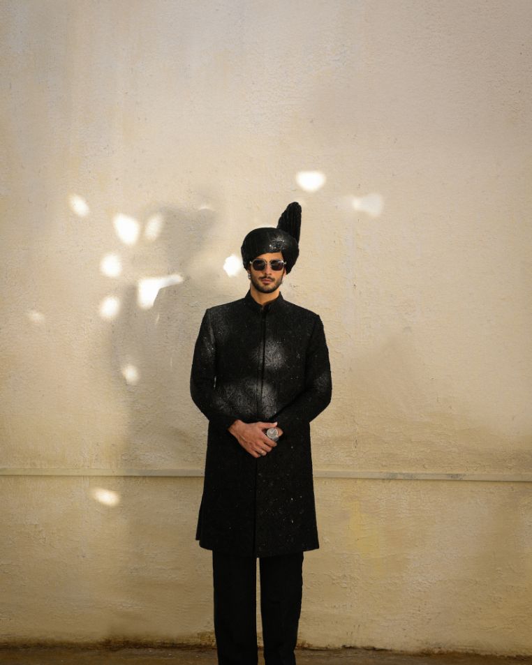 Black Embellished Sherwani with Regal Turban
