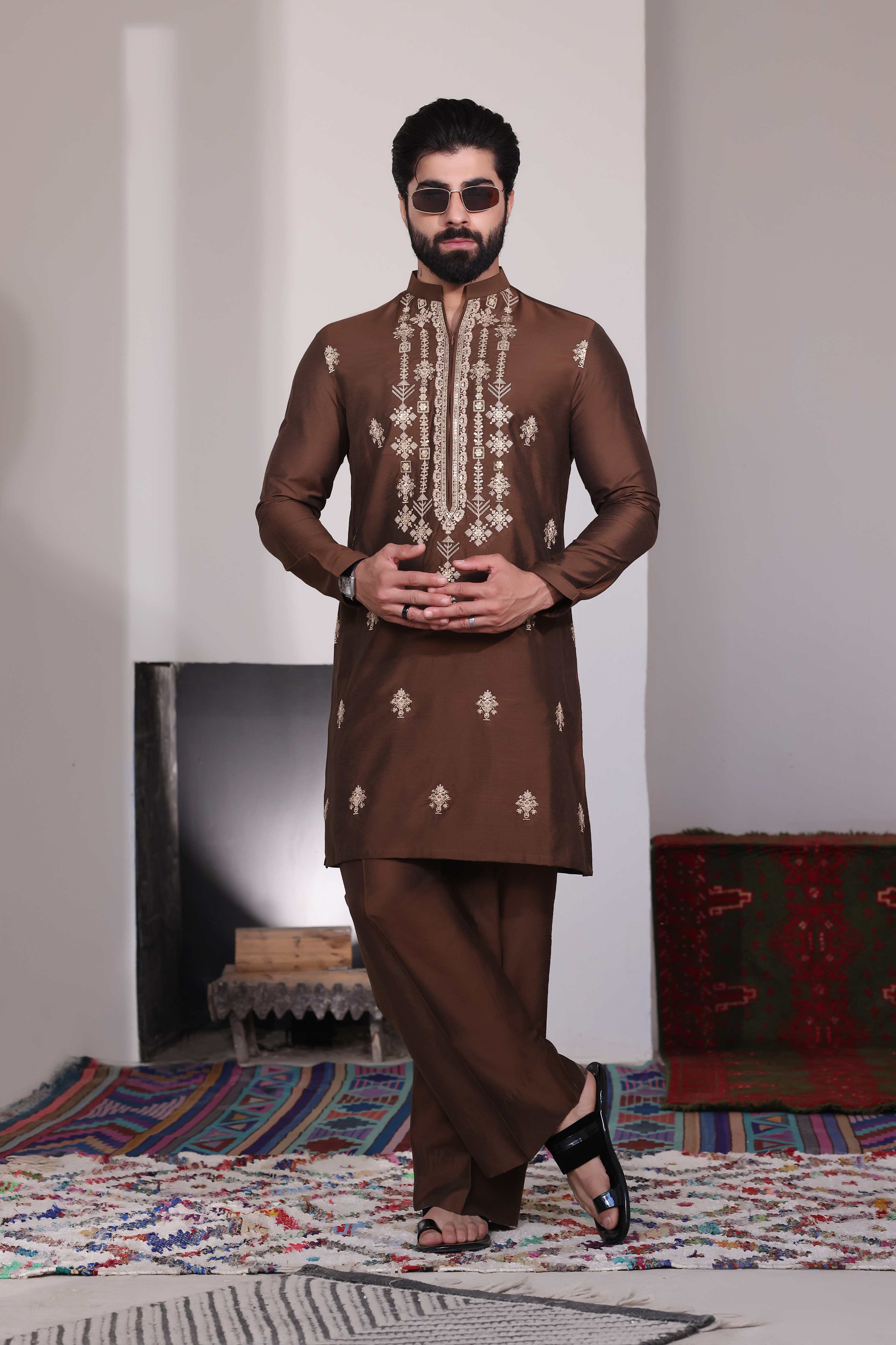 Brown Embroidered Farshi Trouser