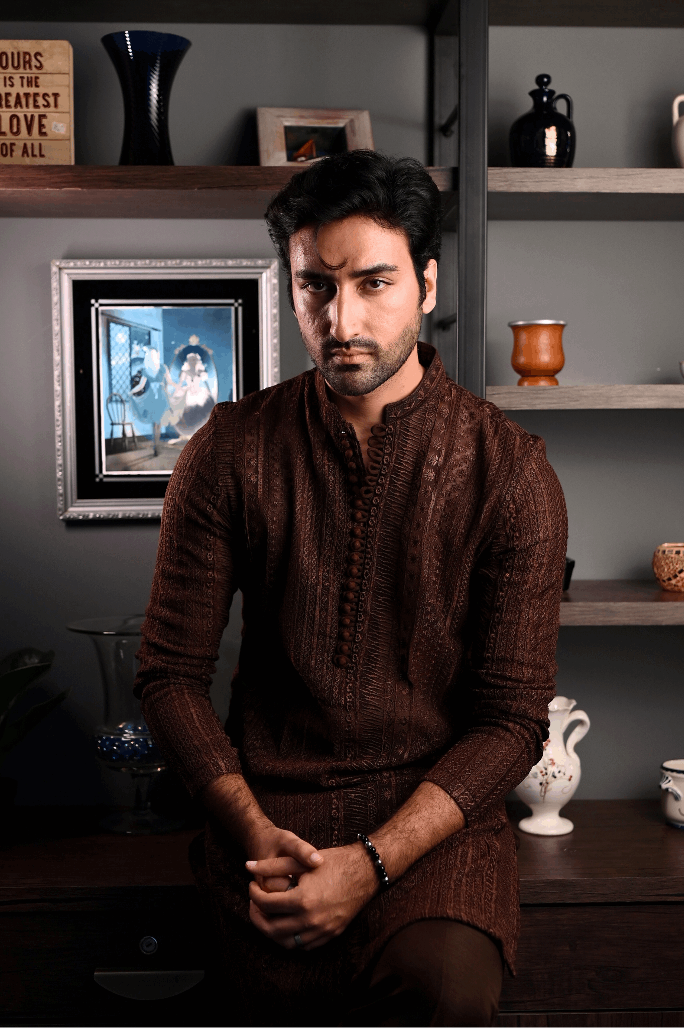 Deep Brown Fully Embroidered Kurta Pajama