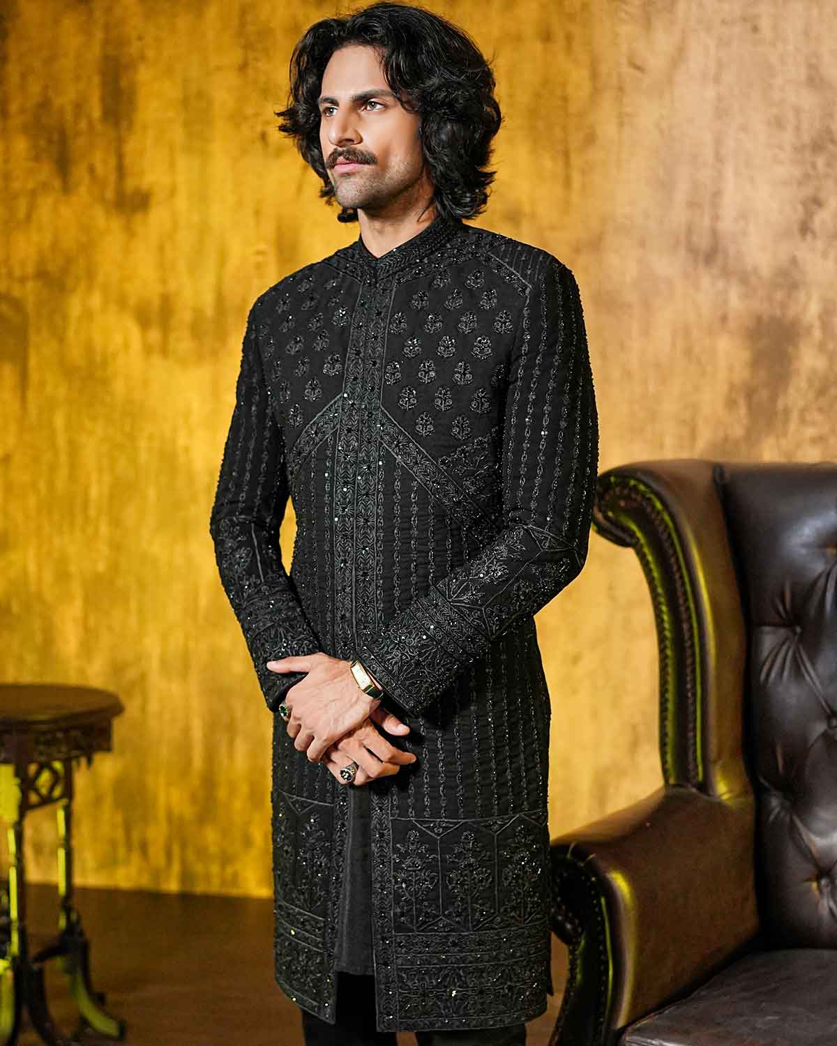 RIBBED EMBROIDERED SHERWANI by Crocfit Bespoke, Karachi