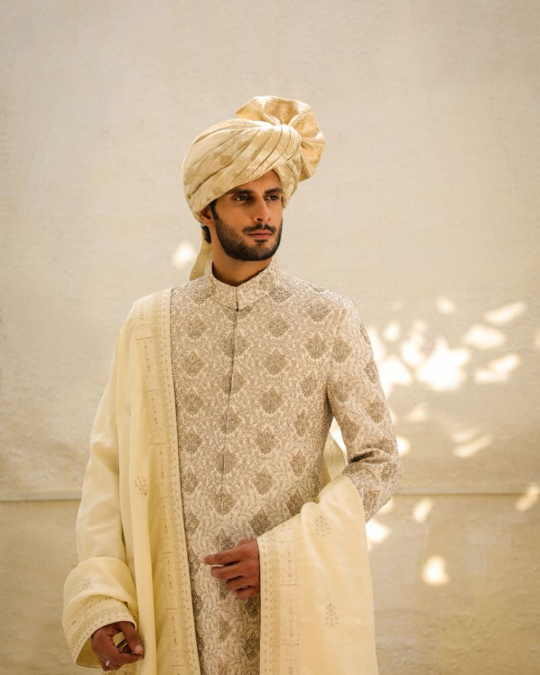 Regal Ivory Embroidered Sherwani Set by Crocfit Bespoke, Karachi