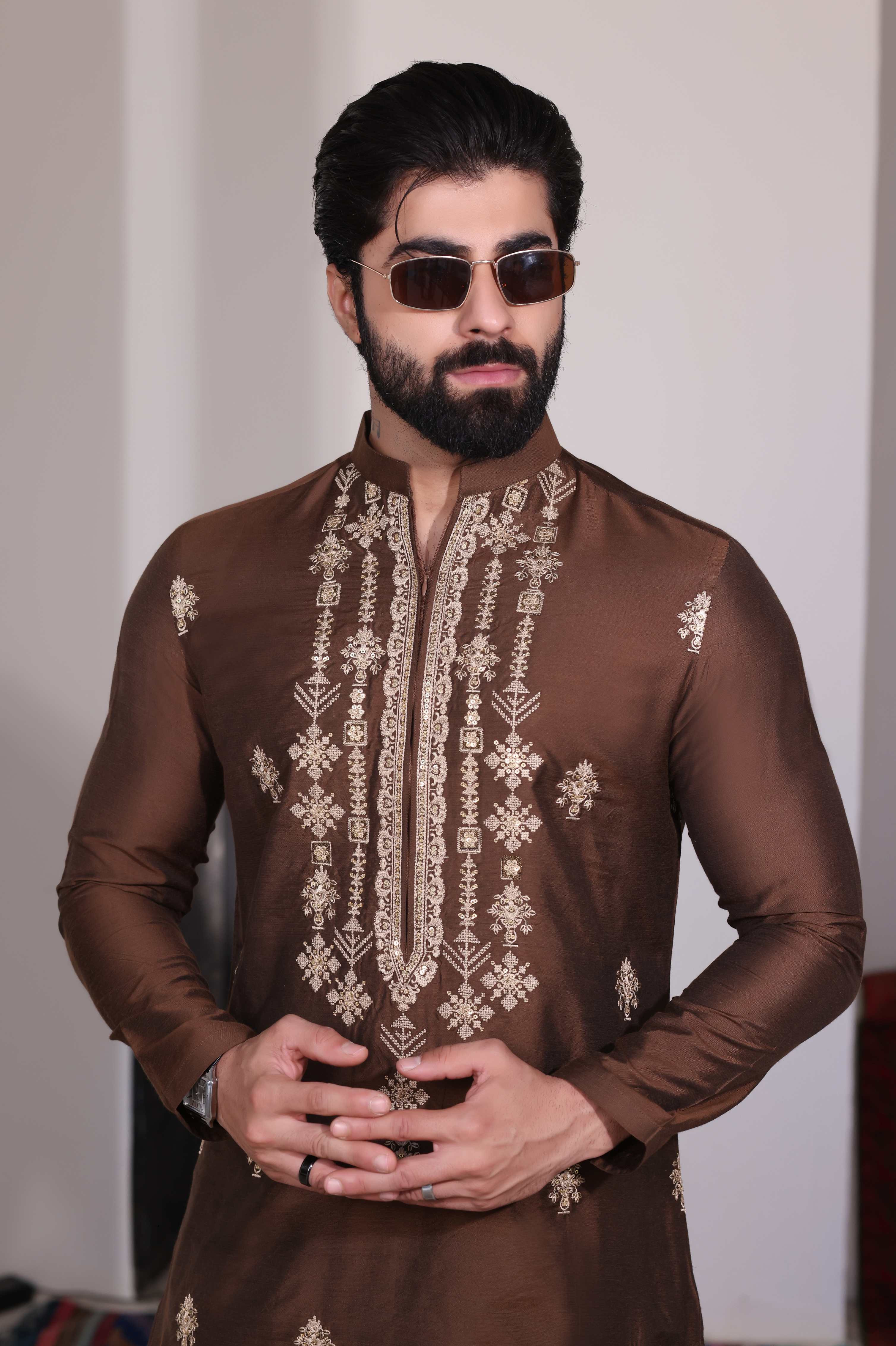 Brown Embroidered Farshi Trouser