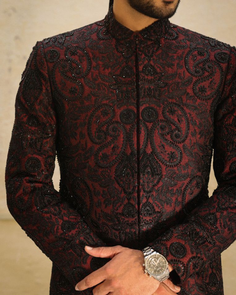 Maroon & Black Embroidered Sherwani with Classic Turban