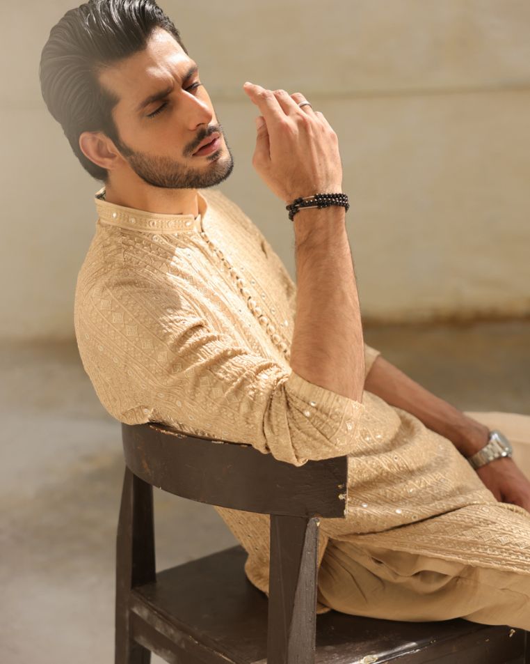 Beige Kurta Pajama with Shawl