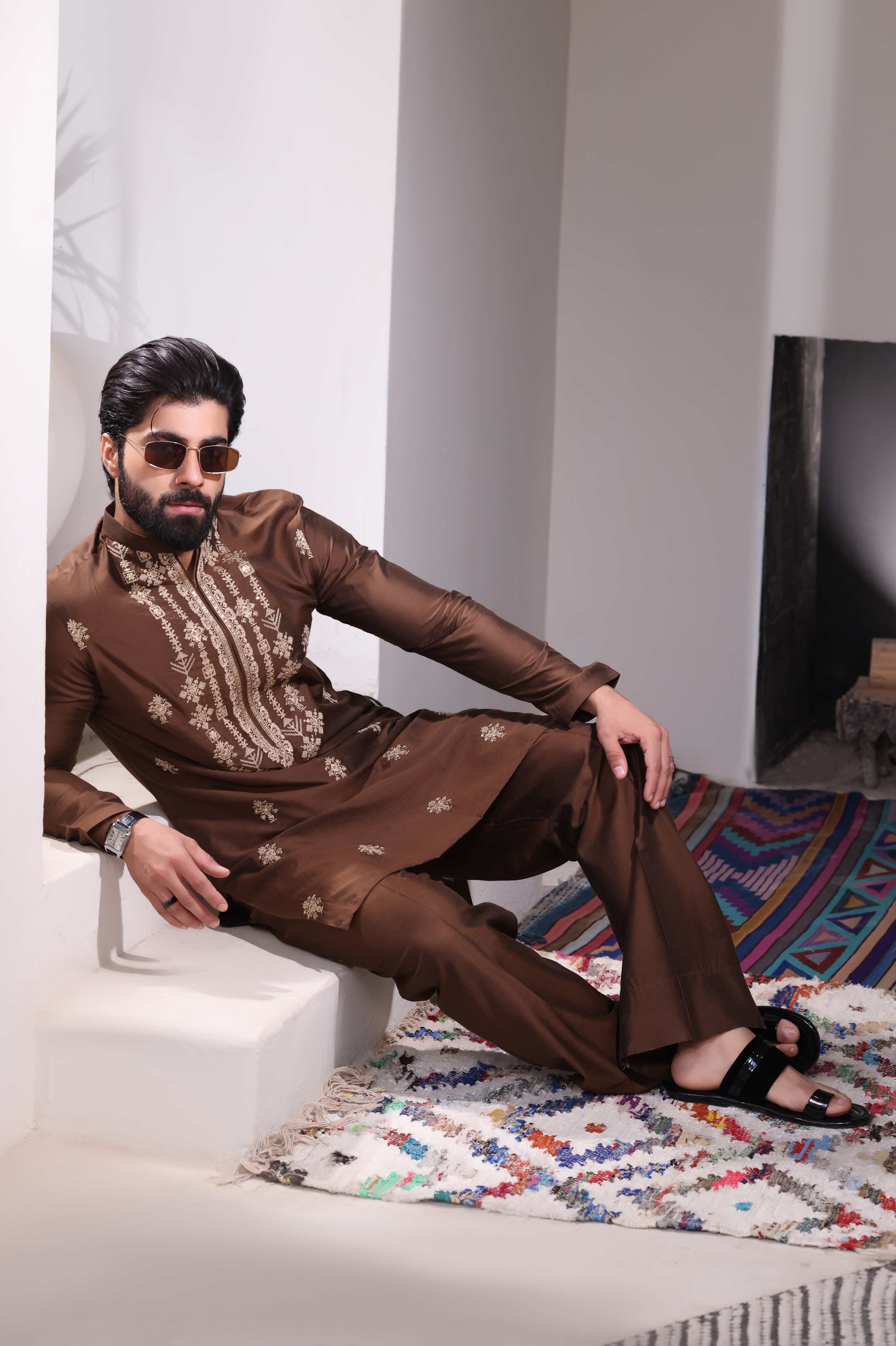 Brown Embroidered Farshi Trouser