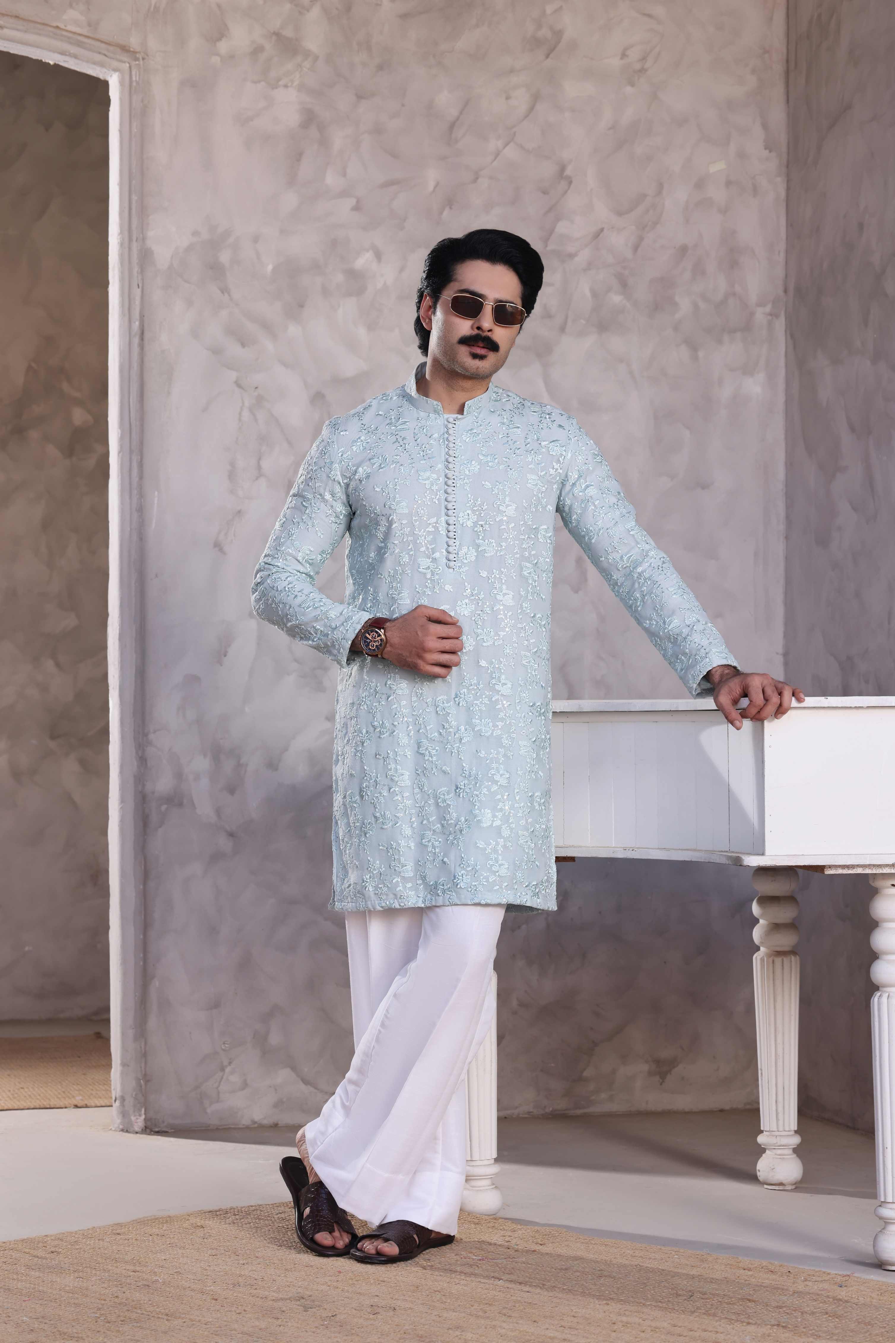Ice Blue Embroidered Kurta Pajama
