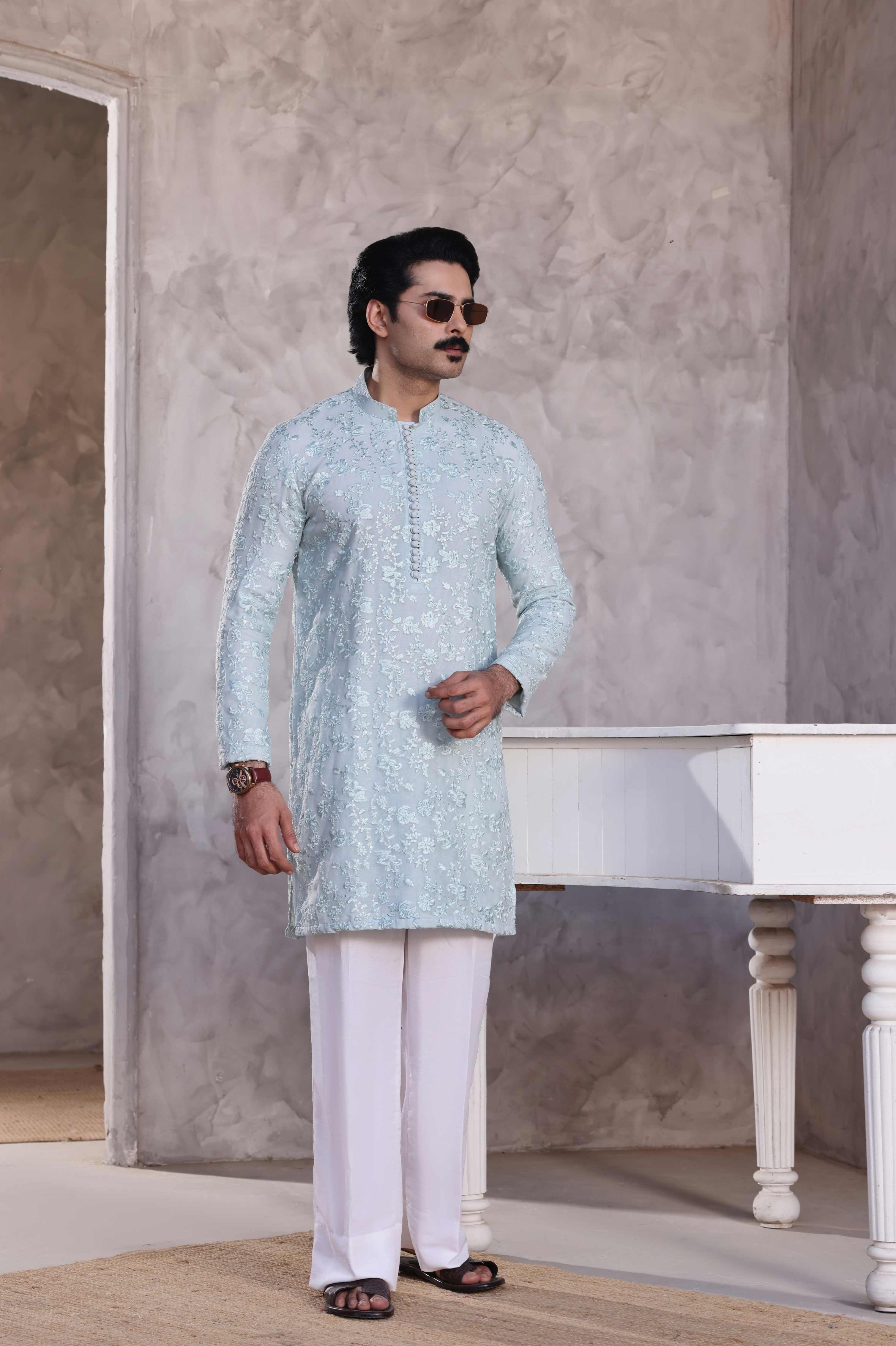 Ice Blue Embroidered Kurta Pajama