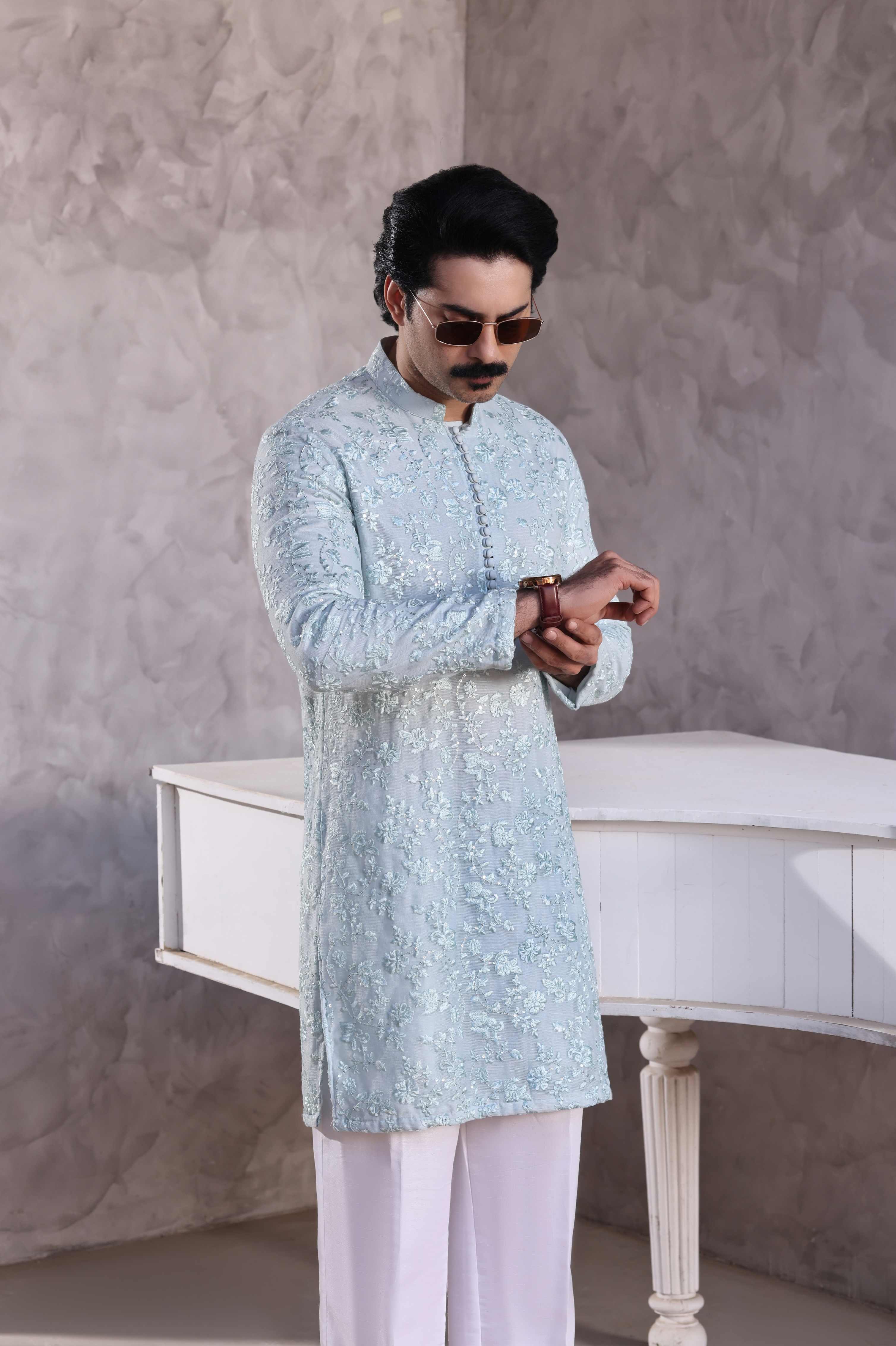 Ice Blue Embroidered Kurta Pajama