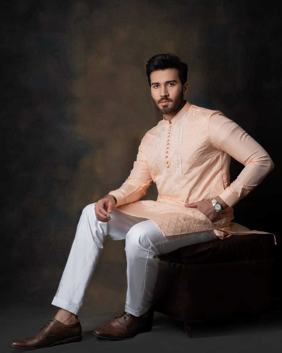 Peach Embroidered Kurta Pajama by Crocfit Bespoke, Karachi