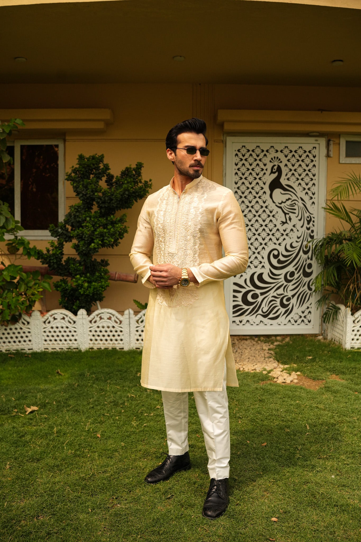 Beige Neck Embroidered Kurta Pajama