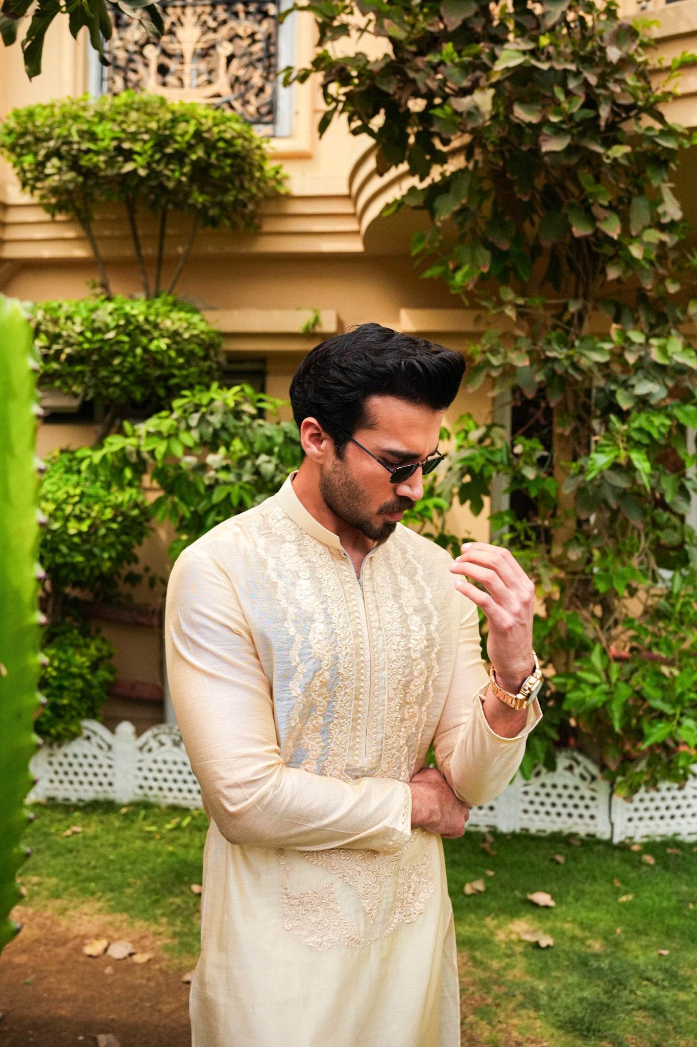 Beige Neck Embroidered Kurta Pajama