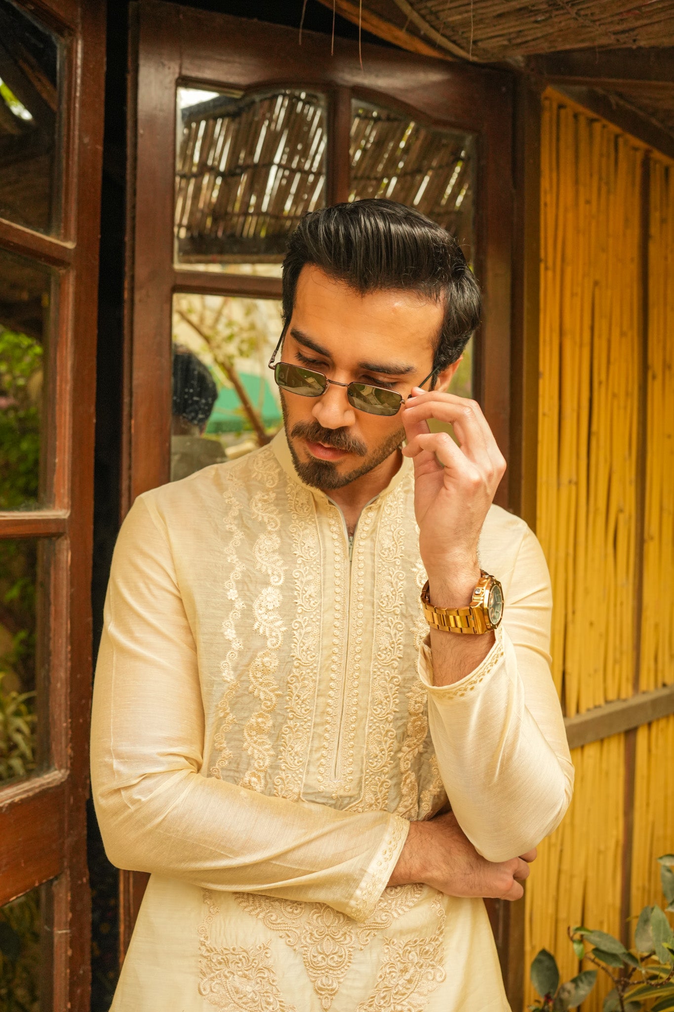 Beige Neck Embroidered Kurta Pajama