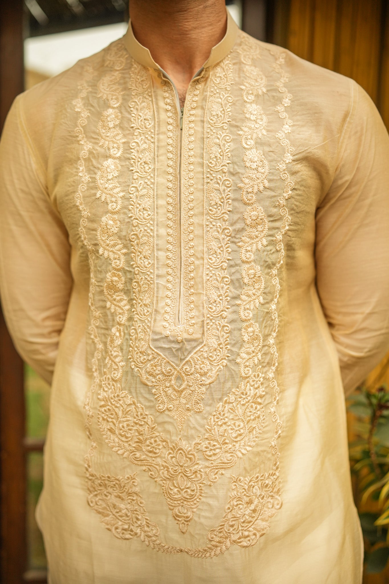 Beige Neck Embroidered Kurta Pajama