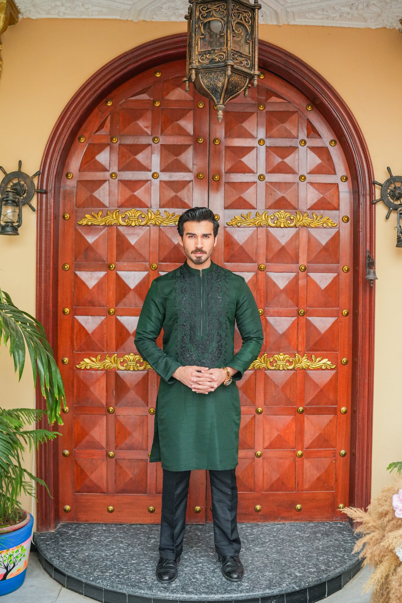 Green Neck Embroidered Kurta Pajama
