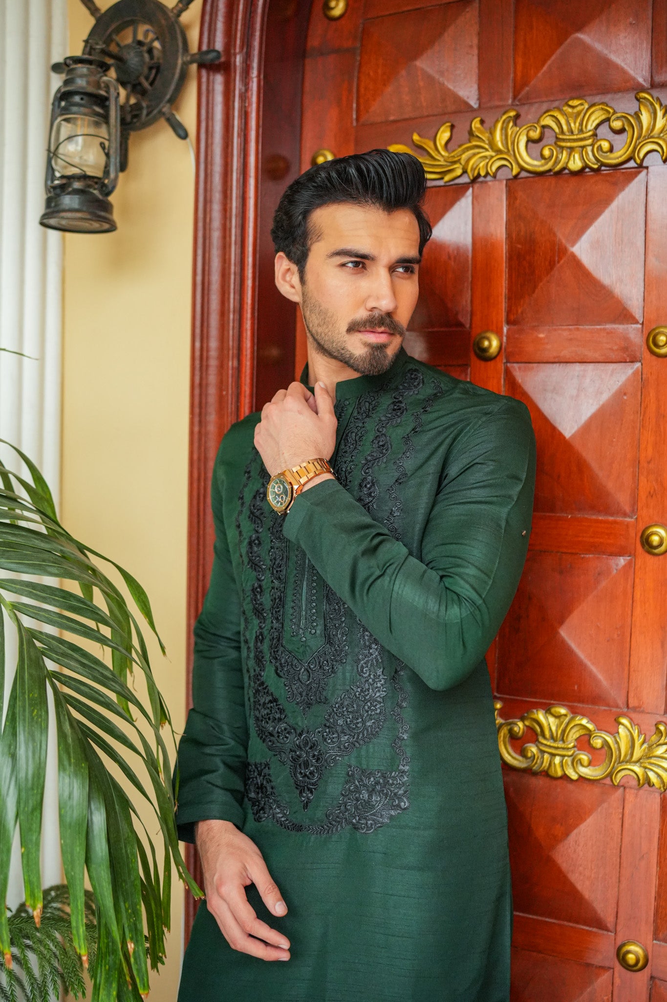 Green Neck Embroidered Kurta Pajama
