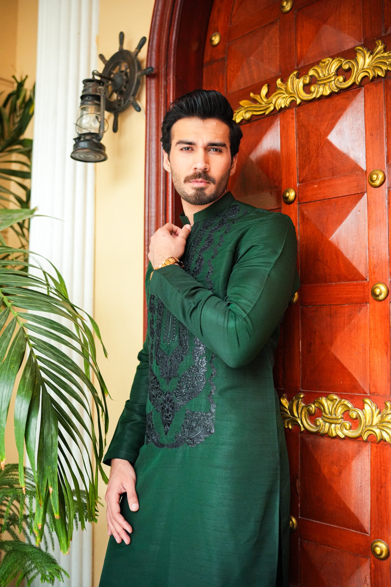 Green Neck Embroidered Kurta Pajama