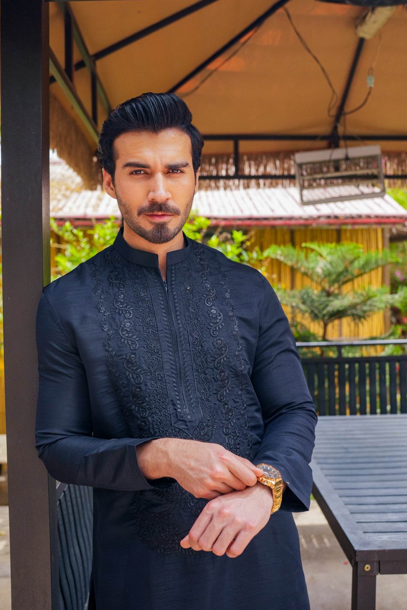 Black Neck Embroidered Kurta Pajama